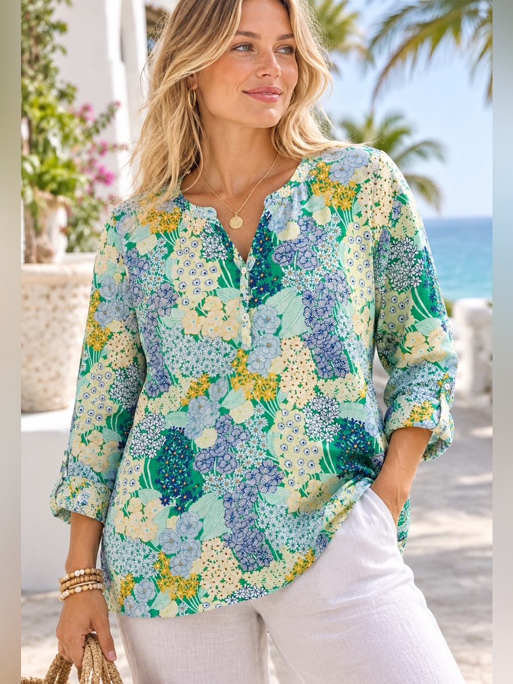 Talbots Band Collar Popover Cluster Garden Floral 2X Tunic Boho Resort Chic Plus